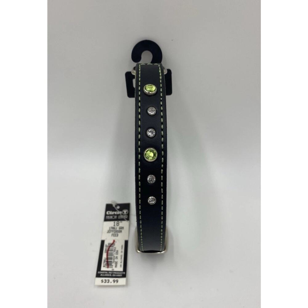 NEW Circle T Leather Studded Rhinestone Collar Black Lime Green 18” Inch Dog NWT